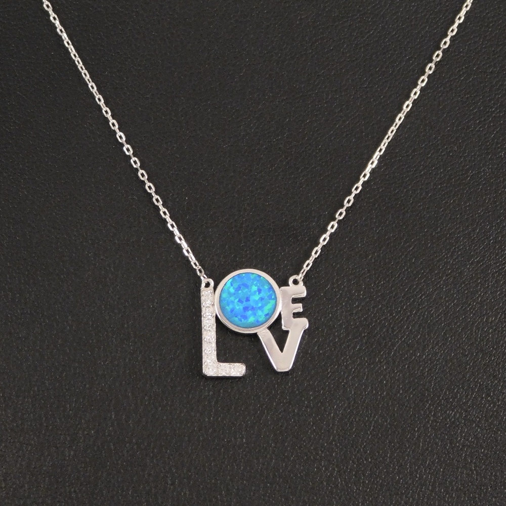 Blue Opal "LOVE" Necklace 925 Silver